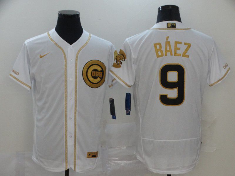 Men Chicago Cubs #9 Baez White Retro gold character Nike MLB Jerseys